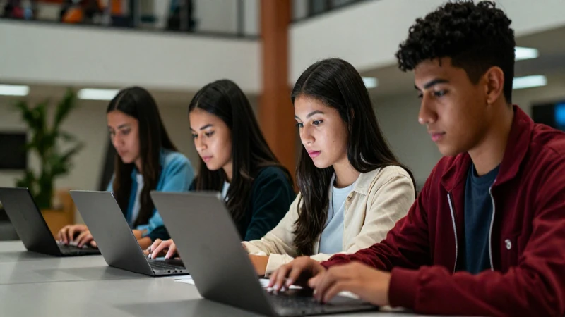 Jóvenes universitarios mexicanos trabajan en un campus moderno