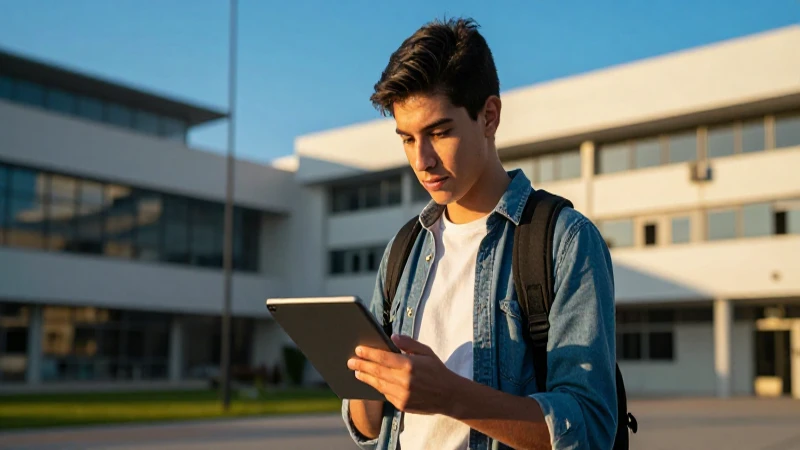 Joven mexicano en tablet, universidad al atardecer