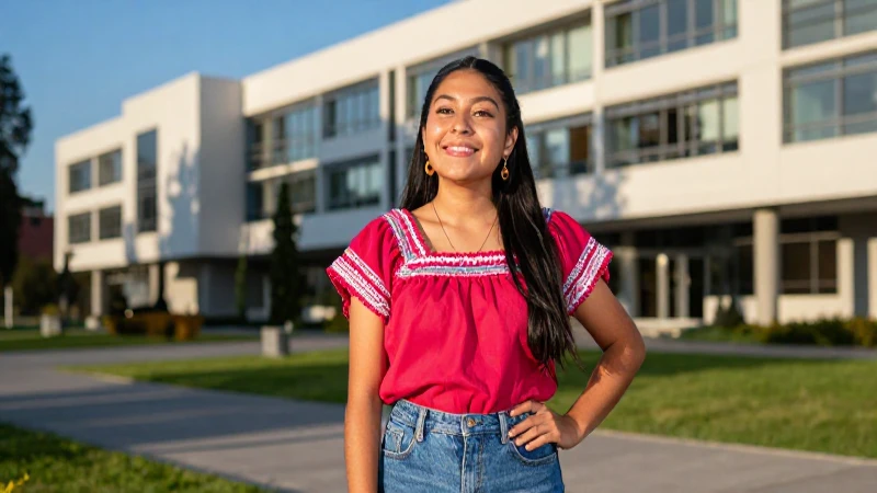 Estudiante mexicana alegre en campus moderno