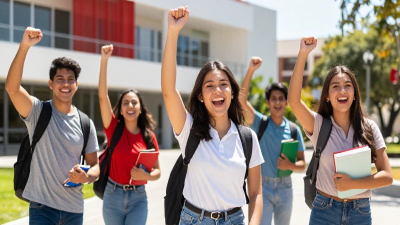 Estudiantes mexicanos celebrando éxito en campus moderno