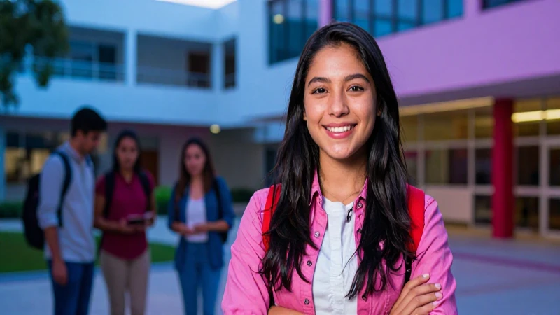 Joven mexicano sonriente en moderno campus