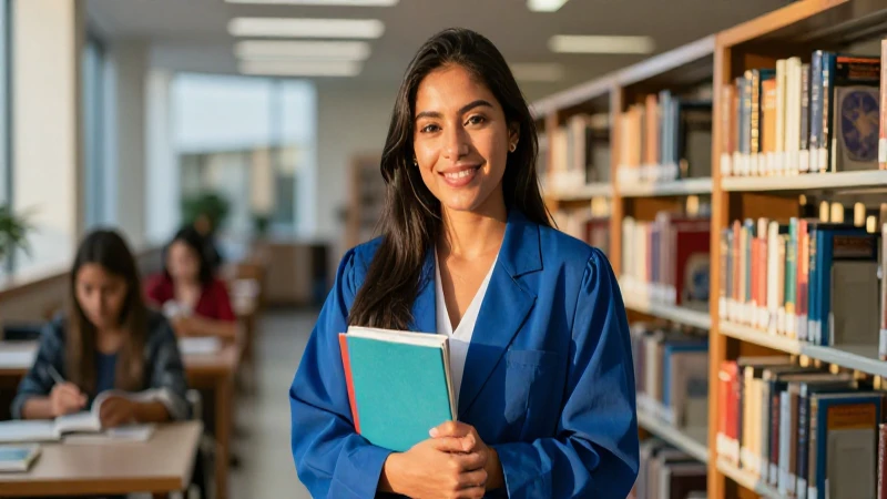 Joven estudiante mexicana sonríe en biblioteca moderna