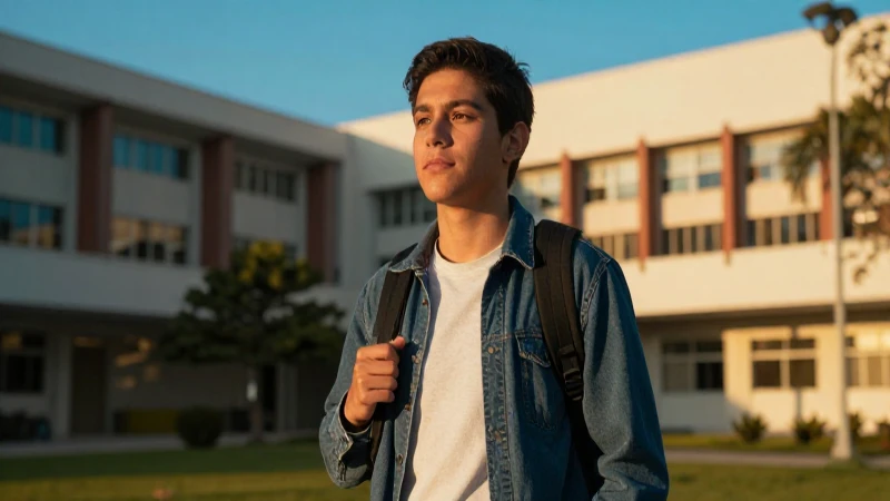 Estudiante mexicano en campus moderno al atardecer
