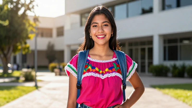 Joven mexicano sonriente en moderno campus universitario