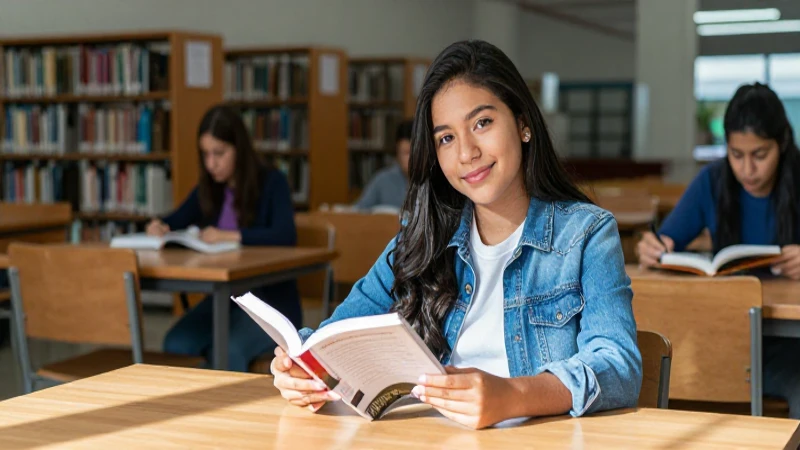 Joven mexicano con libro en biblioteca soleada
