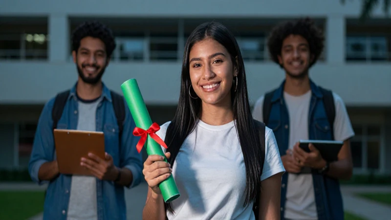 Estudiante mexicano sonríe con diploma en campus moderno