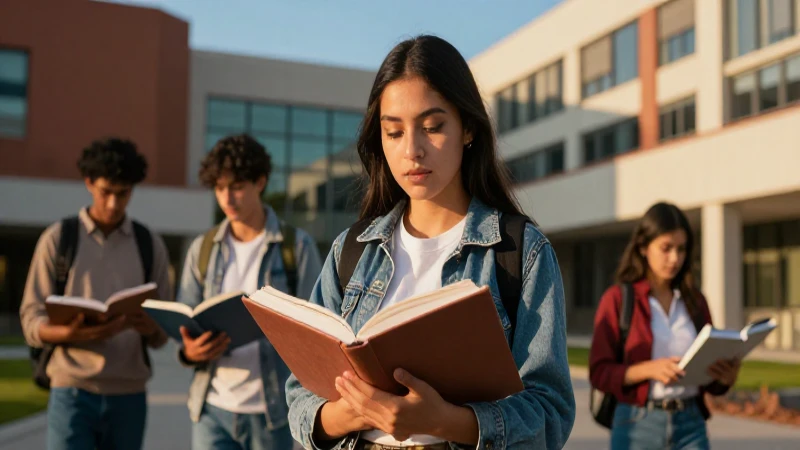 Estudiante mexicano con libro en campus vibrante