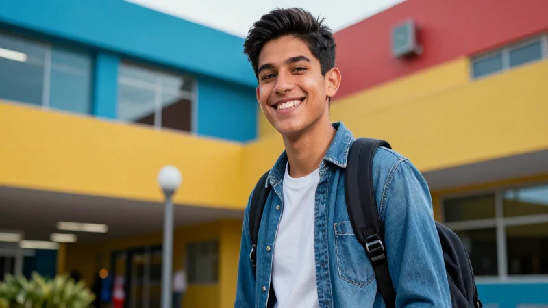Joven mexicano sonriente en campus vibrante y profesional