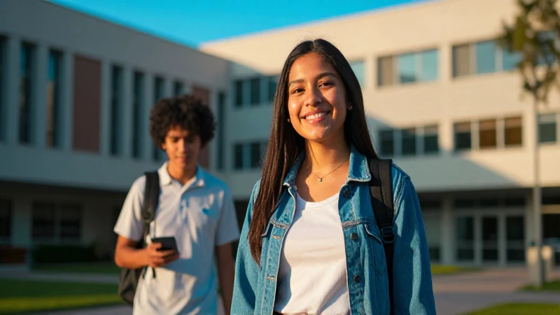 Estudiante mexicano sonriente en campus universitario moderno