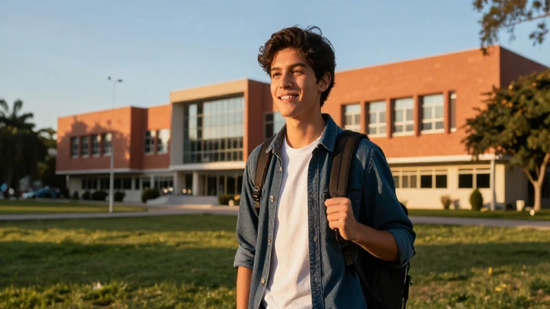 Estudiante mexicano moderno en campus universitario al atardecer