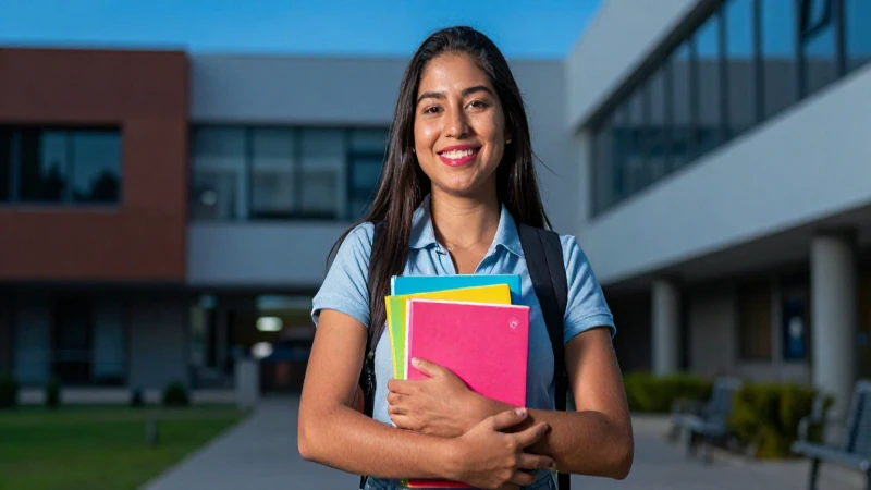 Estudiante sonriente con libros en campus universitario