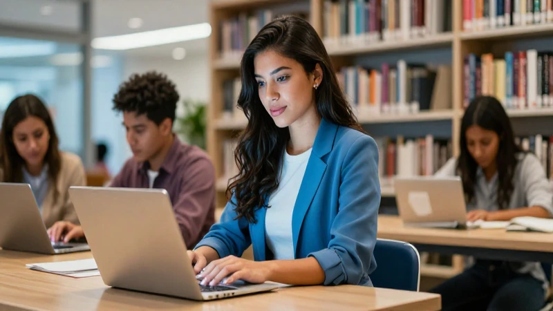Estudiante joven mexicano estudia con confianza en biblioteca moderna