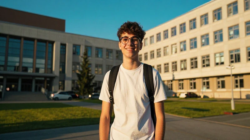 Estudiante brillante en campus universitario con luz dorada