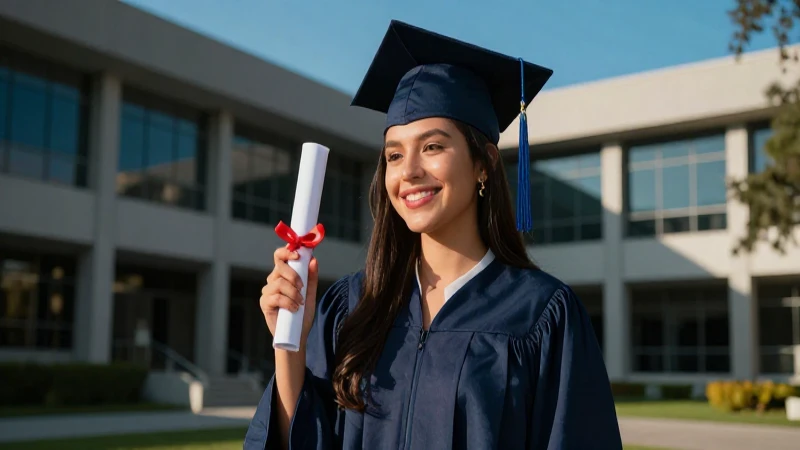 Vibrante graduado mexicano en campus moderno