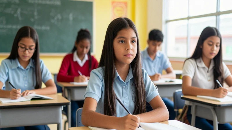 Estudiante mexicano simboliza progreso académico en un aula