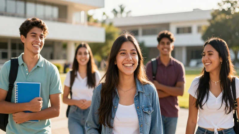 Estudiantes mexicanos jóvenes riendo en campus moderno