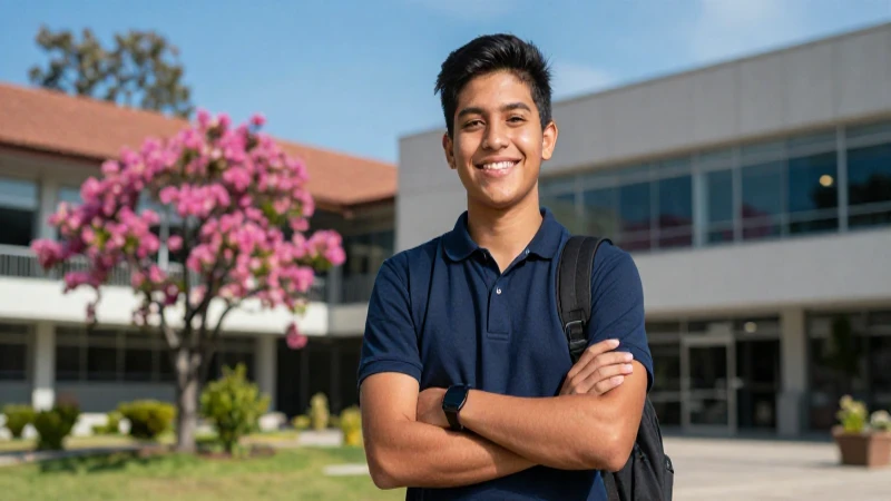Estudiante mexicano sonriendo en campus moderno