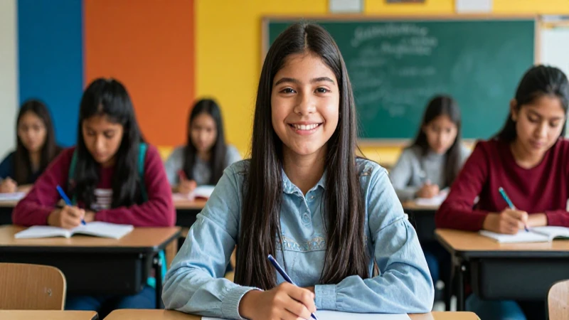 Estudiante mexicano sonriendo en clase moderna
