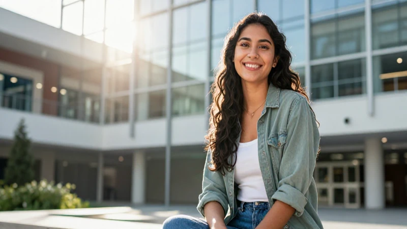 Estudiante mexicana sonriente en campus moderno