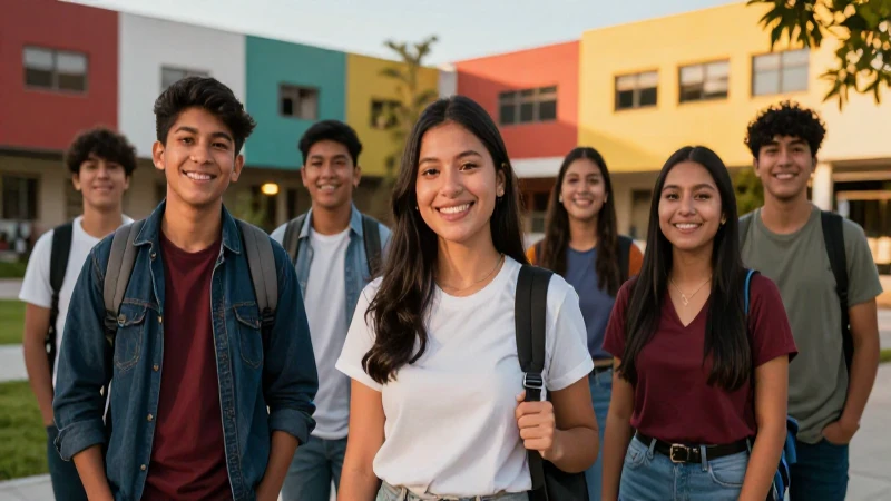 Estudiantes mexicanos en campus vibrante con luz dorada