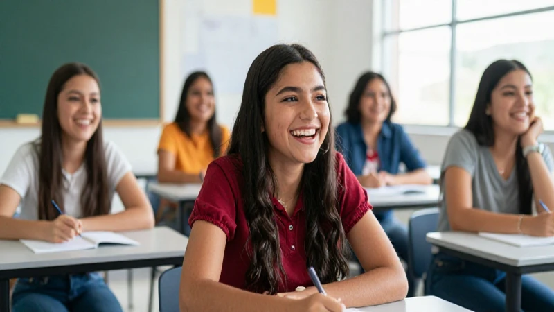 Estudiantes mexicanos ríen en aula moderna y brillante