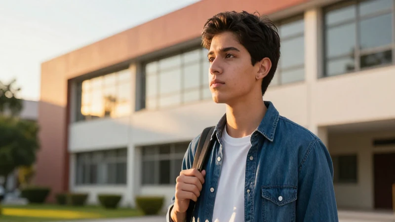 Estudiante mexicano en campus con luz dorada