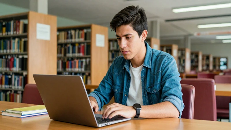Estudiante mexicana concentrada en biblioteca moderna