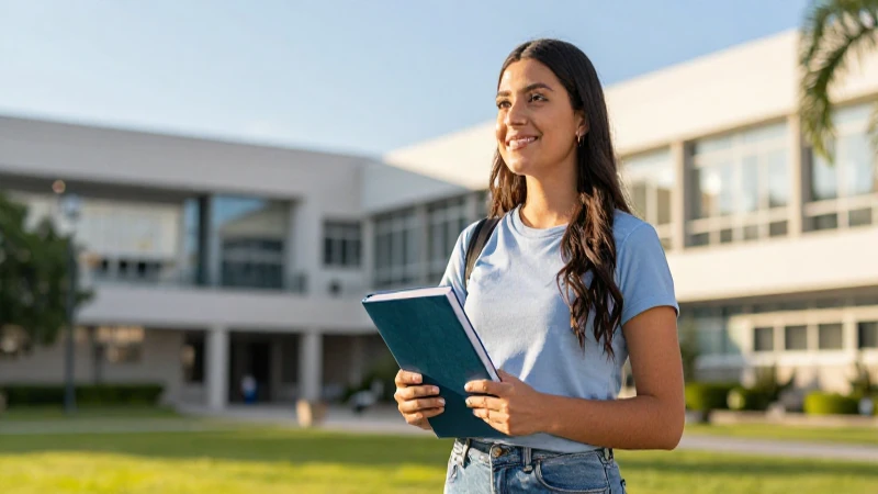 Estudiante mexicano en campus moderno dorado