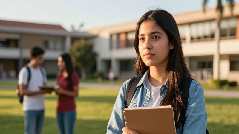 Estudiante mexicano en campus, luz dorada y moderno
