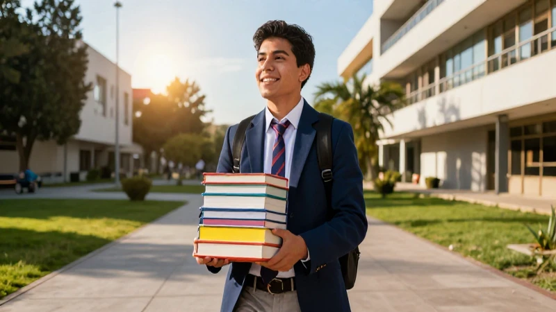 Estudiante mexicano en campus dorado con libros