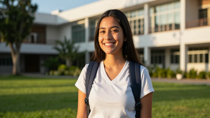 Estudiante mexicana sonriente en campus moderno
