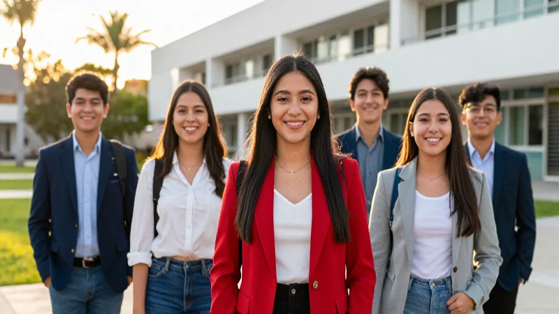 Estudiantes mexicanos sonrientes en campus moderno