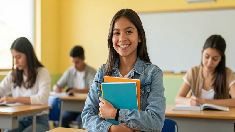 Estudiante sonriente en aula con luz dorada