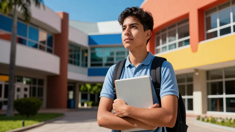 Joven mexicano brillante en campus vibrante