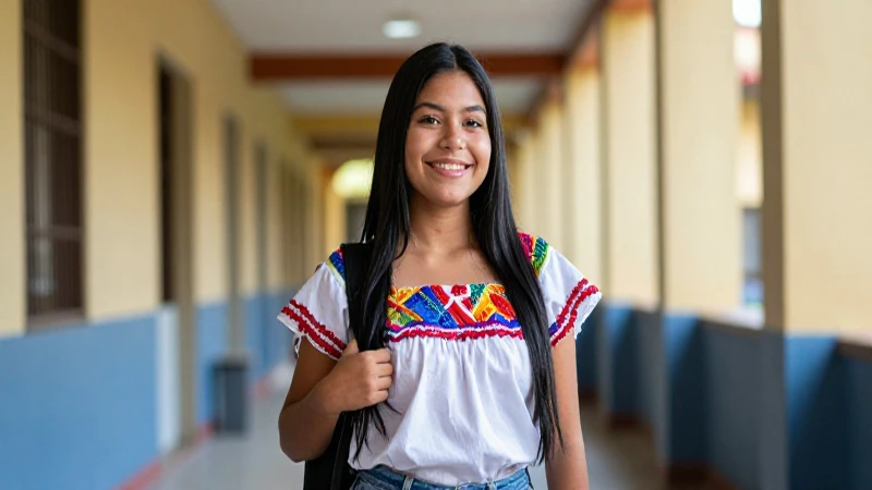 Joven mexicana sonriente en universidad, estilo profesional