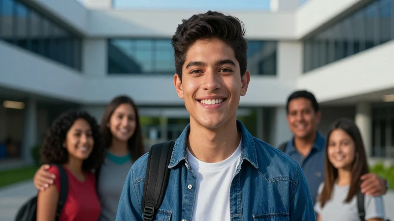 Joven mexicano sonríe en moderno campus universitario
