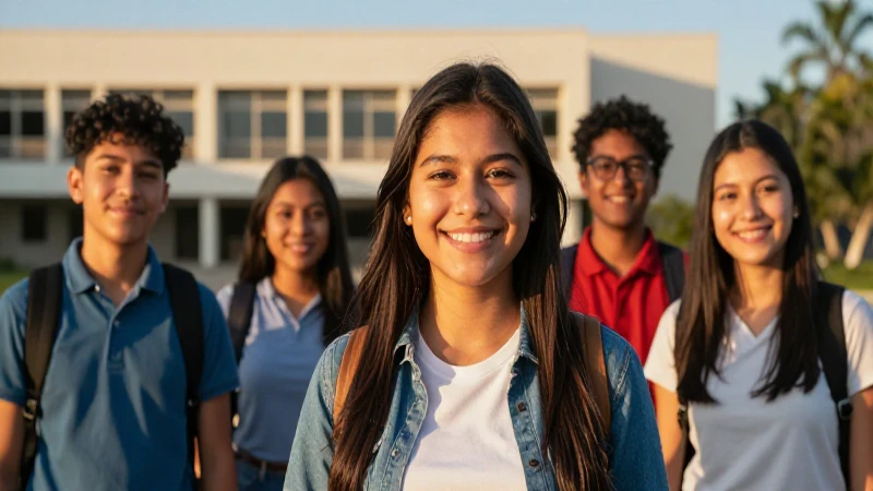 Estudiante mexicano sonríe con éxito en campus moderno