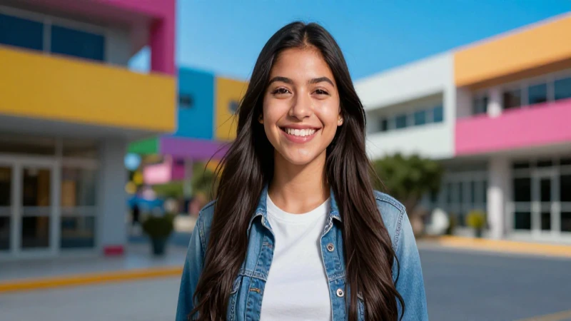 Estudiante sonriente en campus vibrante y moderno