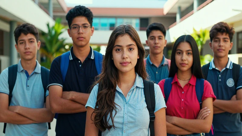 Estudiantes mexicanos ambiciosos en campus moderno