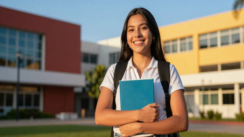 Estudiante mexicano sonriente con libro en campus
