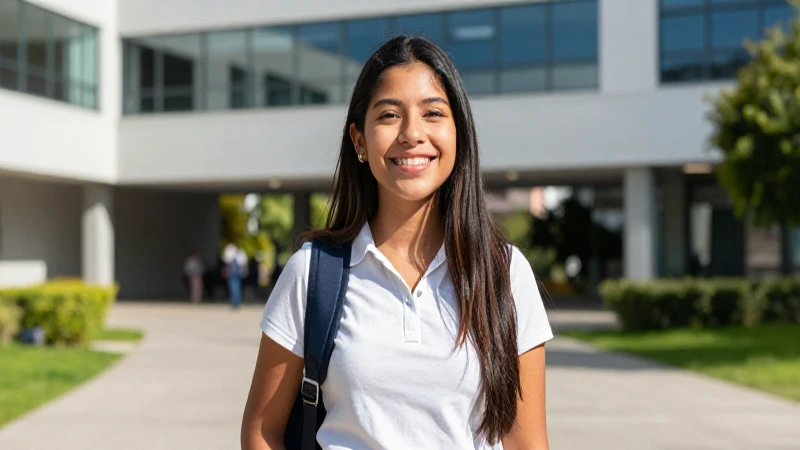 Joven mexicano optimista en campus moderno