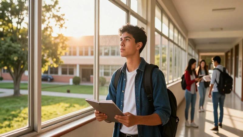 Estudiante mexicano en campus, luz dorada y detallada