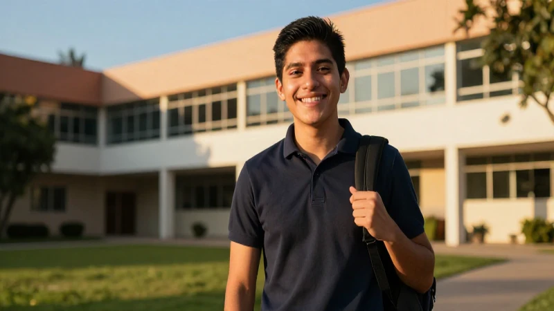 Estudiante mexicano triunfante en campus moderno