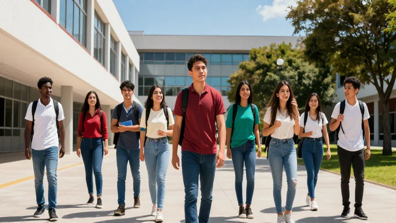 Estudiantes mexicanos entusiastas en campus moderno y brillante