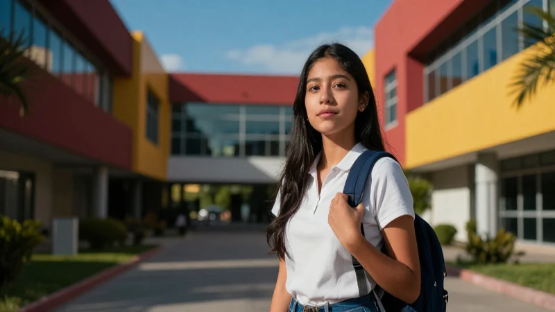 Estudiante mexicano en campus moderno y dramático