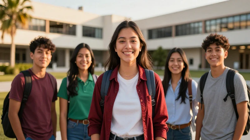 Estudiante mexicano sonríe en campus moderno al atardecer