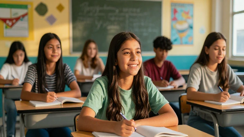 Estudiante mexicano alegre en aula moderna
