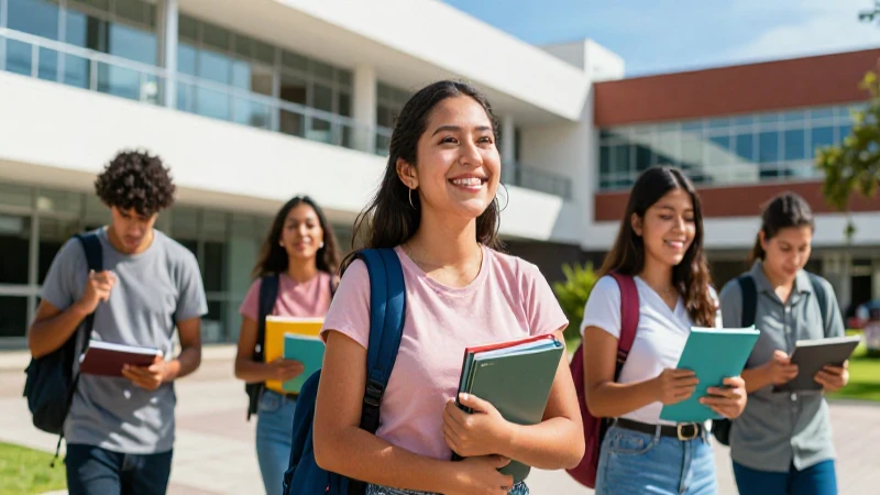 Estudiante mexicano alegre en campus universitario moderno
