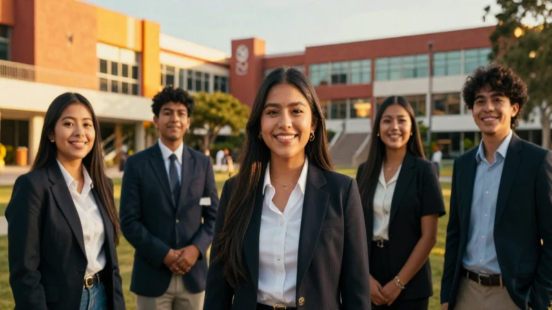 Estudiantes mexicanos sonriendo en campus moderno y brillante