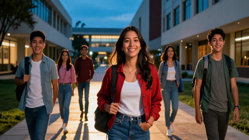 Estudiantes sonriendo en campus universitario vibrante